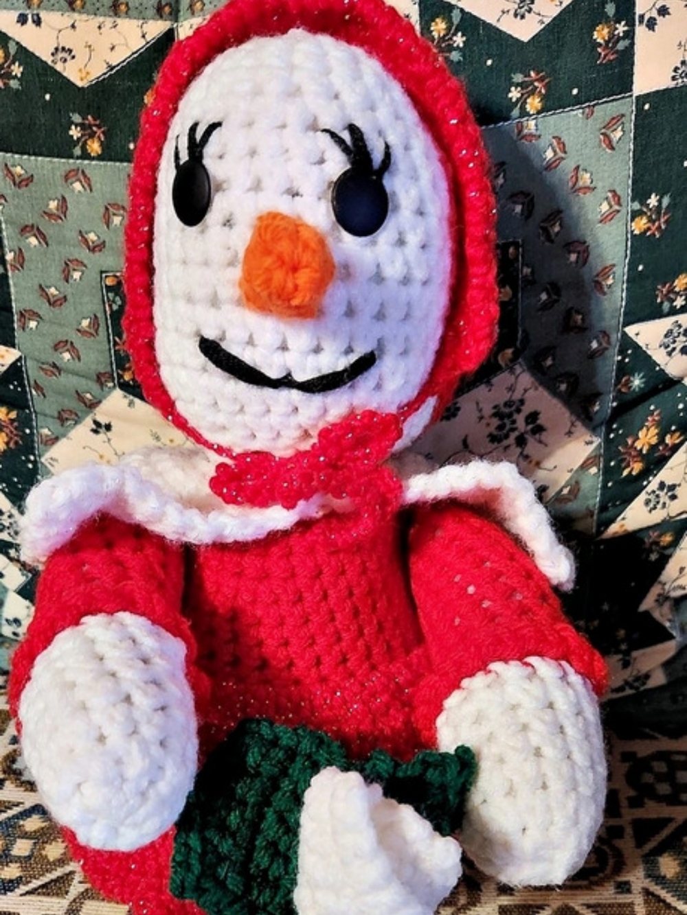 Handmade  Crocheted Snowgirl Holiday Decor Red & White